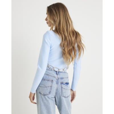 Blue Diamante Chain Detail Cropped Top