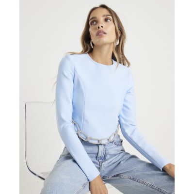 Blue Diamante Chain Detail Cropped Top