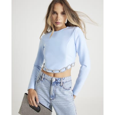 Blue Diamante Chain Detail Cropped Top