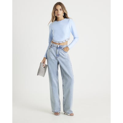 Blue Diamante Chain Detail Cropped Top