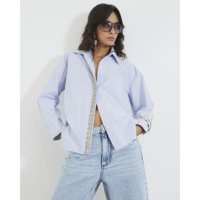 Blue Diamante Trim Stripe Shirt