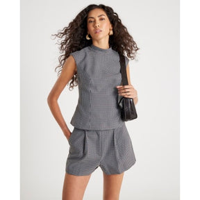 Blue Dogtooth Print Bow Back Top