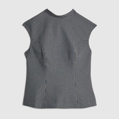 Blue Dogtooth Print Bow Back Top