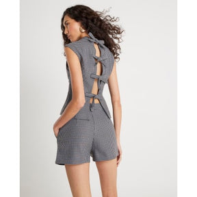 Blue Dogtooth Print Bow Back Top