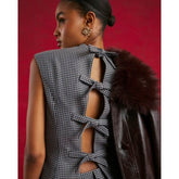 Blue Dogtooth Print Bow Back Top