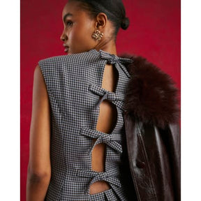 Blue Dogtooth Print Bow Back Top