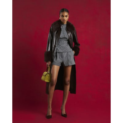 Blue Dogtooth Print Tailored Shorts