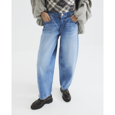 Blue Elasticated Barrel Leg Jeans