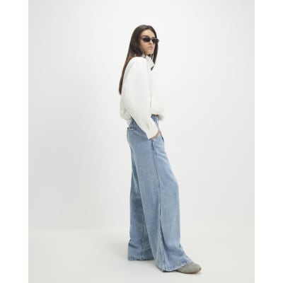 Blue Elasticated Dart Front Wide Leg Jeans