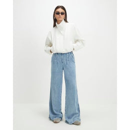 Blue Elasticated Dart Front Wide Leg Jeans