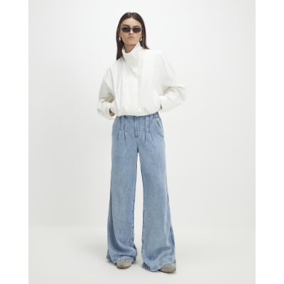 Blue Elasticated Dart Front Wide Leg Jeans