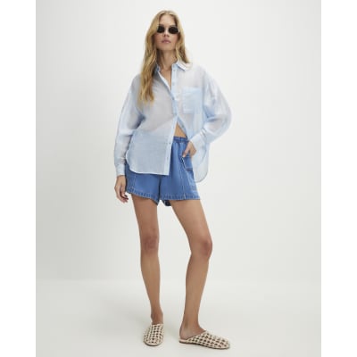 Blue Elasticated Waist Denim Cargo Shorts