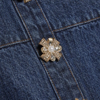 Blue Embellished Button Denim Mini Dress