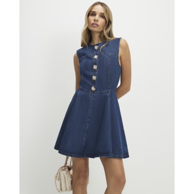 Blue Embellished Button Denim Mini Dress