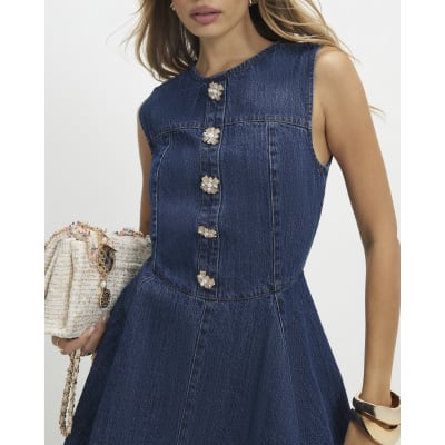 Blue Embellished Button Denim Mini Dress