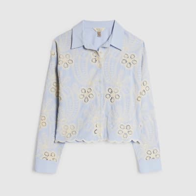 Blue Embroidered Crochet Shirt