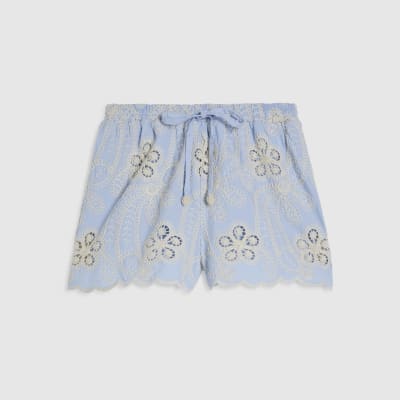 Blue Embroidered Crochet Shorts