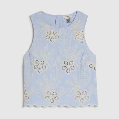 Blue Embroidered Crochet Top