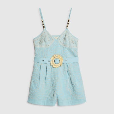 Blue Embroidered Playsuit
