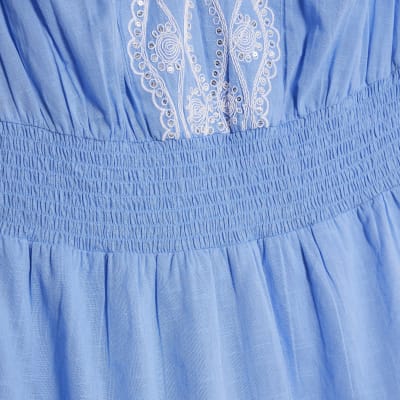 Blue Embroidered Ruffle Playsuit