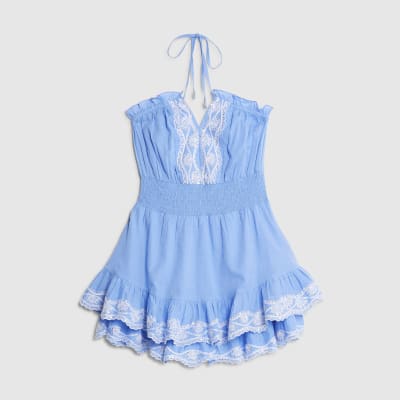 Blue Embroidered Ruffle Playsuit