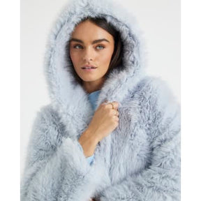Blue Faux Fur Hooded Long Sleeve Coat