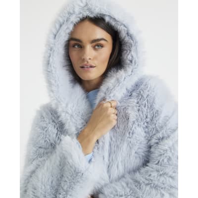 Blue Faux Fur Hooded Long Sleeve Coat