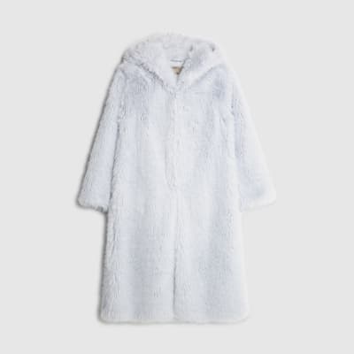 Blue Faux Fur Hooded Long Sleeve Coat