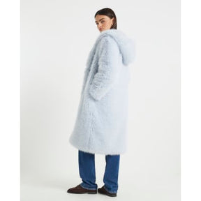 Blue Faux Fur Hooded Long Sleeve Coat