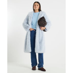 Blue Faux Fur Hooded Long Sleeve Coat