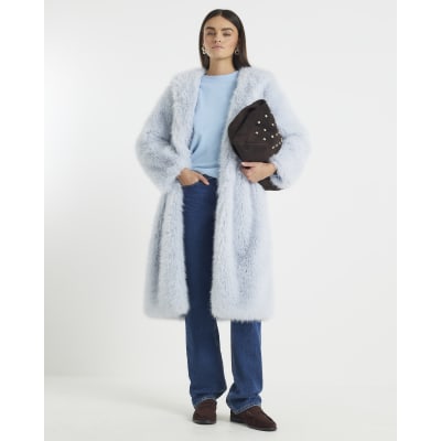 Blue Faux Fur Hooded Long Sleeve Coat