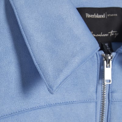Blue Faux Suede Bomber Jacket