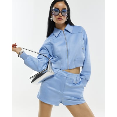 Blue Faux Suede Bomber Jacket