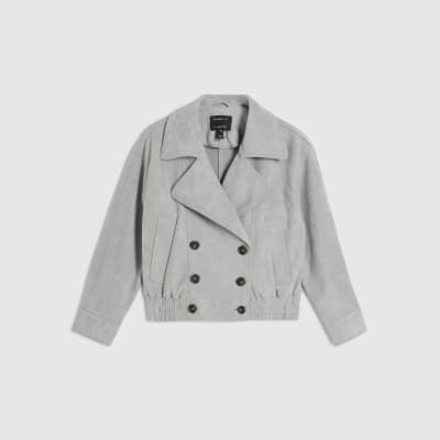 Blue Faux Suede Collared Bomber Jacket
