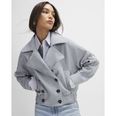 Blue Faux Suede Collared Bomber Jacket