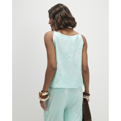 Blue Floral 3D Embroidered Tank Top