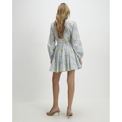 Blue Floral Belted Shirt Dress