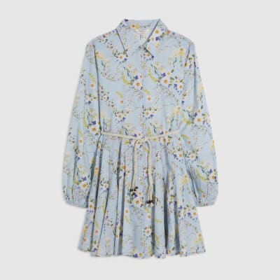 Blue Floral Belted Shirt Dress