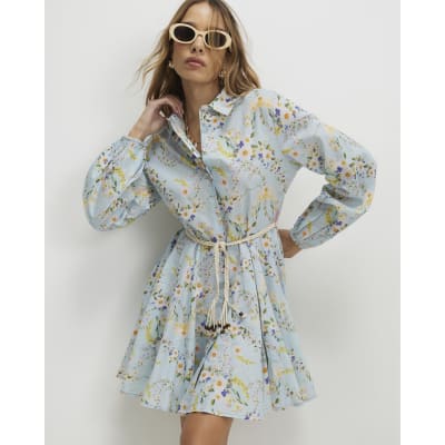 Blue Floral Belted Shirt Dress