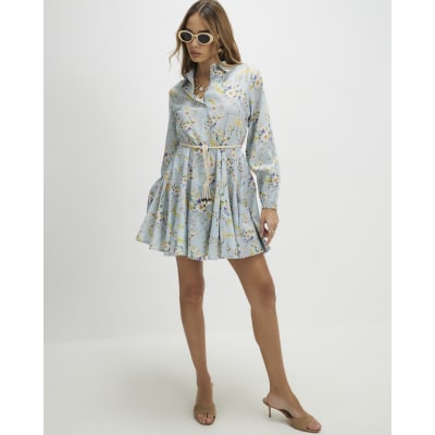 Blue Floral Belted Shirt Dress