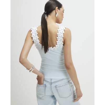 Blue Floral Diamante Trim Tank Top