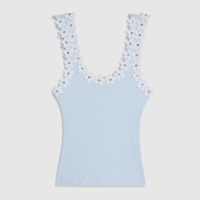 Blue Floral Diamante Trim Tank Top