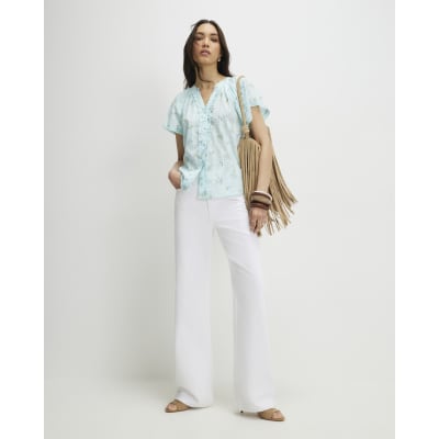 Blue Floral Frill Short Sleeve Blouse