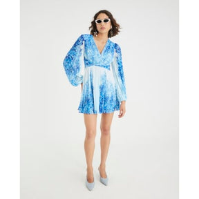Blue Floral Long Sleeve Plisse Mini Dress