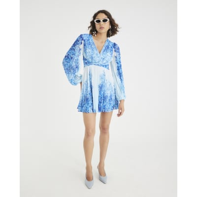 Blue Floral Long Sleeve Plisse Mini Dress