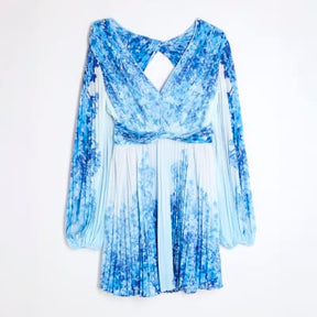 Blue Floral Long Sleeve Plisse Mini Dress