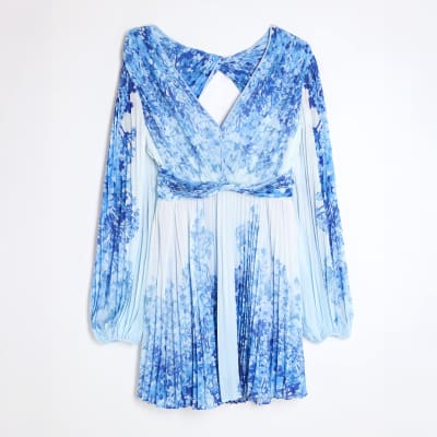 Blue Floral Long Sleeve Plisse Mini Dress