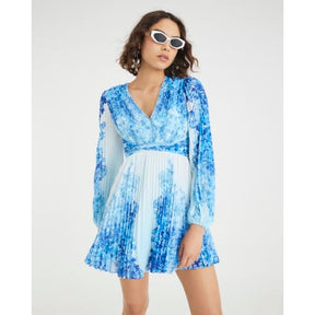 Blue Floral Long Sleeve Plisse Mini Dress