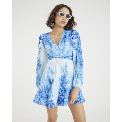 Blue Floral Long Sleeve Plisse Mini Dress