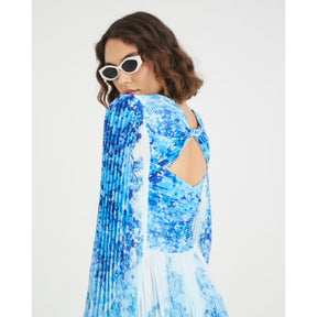 Blue Floral Long Sleeve Plisse Mini Dress